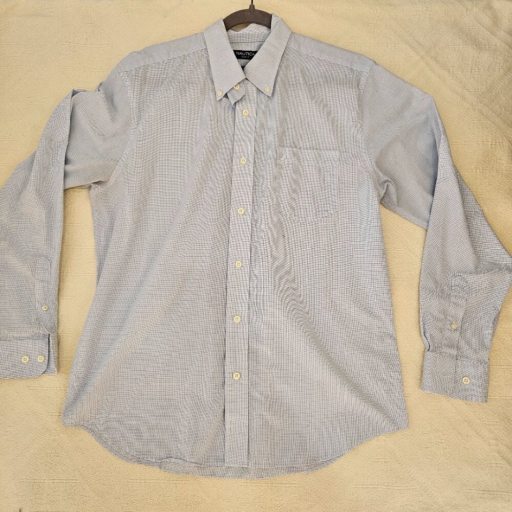 Nautica Slim Fit Stretch Button Down Dress Shirt Blue and White Plaid Mens L
